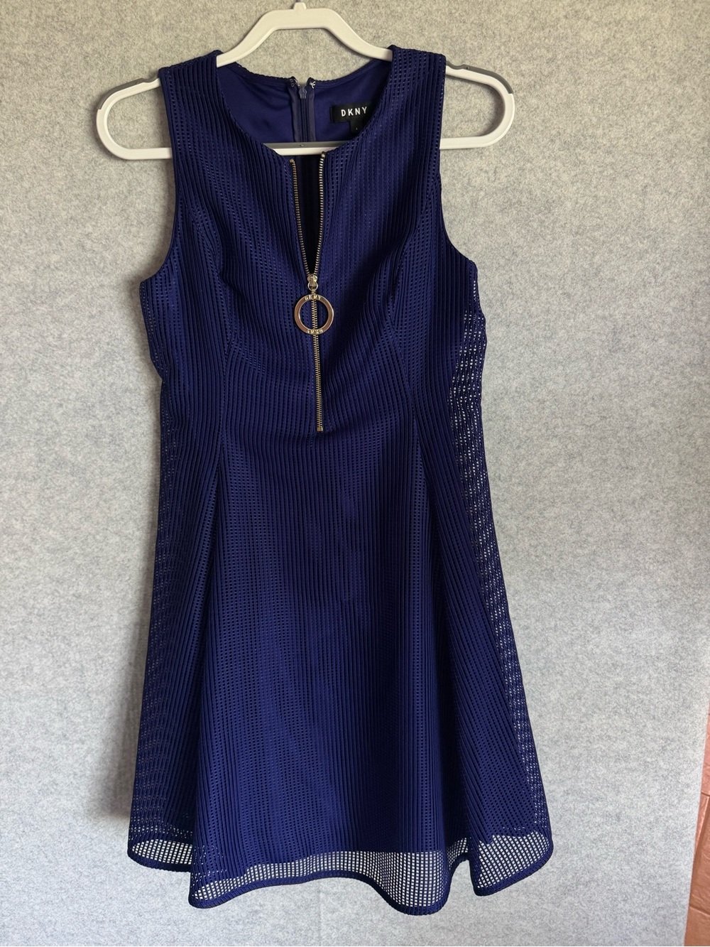 DKNY Navy Mesh A-Line Sleeveless Dress with Zip Ring